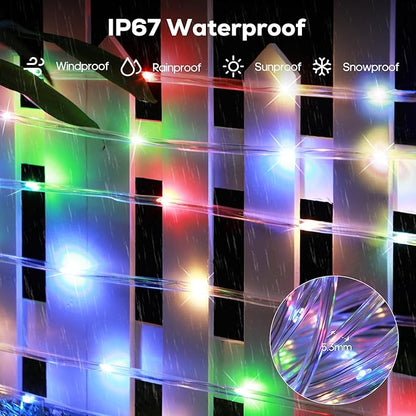 ICRGB Solar Rope Lights Outdoor, 66Ft 200LED 1800mAh Christmas String Lights with Remote, Type C, 19 Modes & Timer, IP67 Waterproof, Solar Light for Tree Patio Porch, Warm White to Multicolor