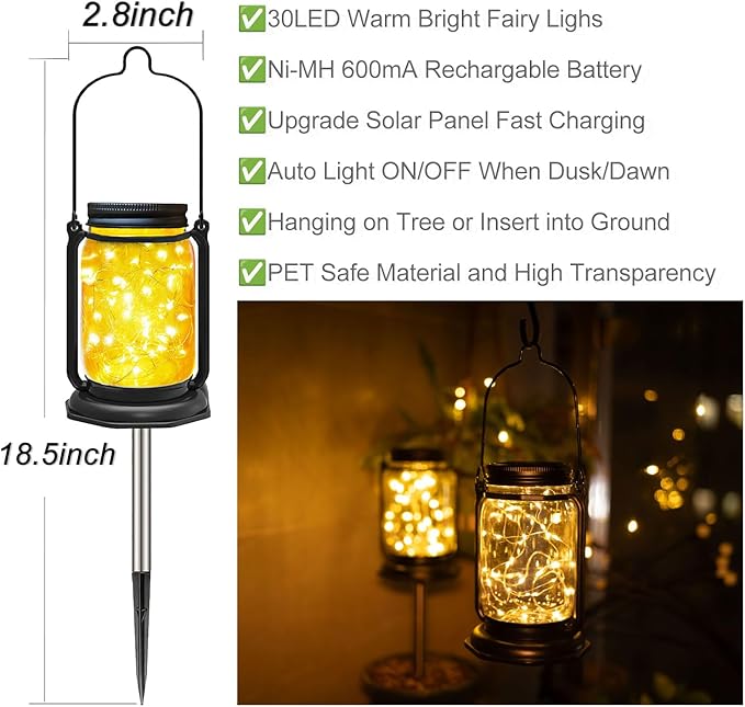 Solar Mason Jar Lights,4 Pack 30 Led Fairy Hanging Jar Lights,Solar Lanterns for Outdoor Patio Party Garden Wedding Decor Lights(Mason Jars/Handles Included)