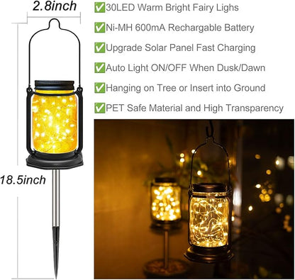 Solar Mason Jar Lights,4 Pack 30 Led Fairy Hanging Jar Lights,Solar Lanterns for Outdoor Patio Party Garden Wedding Decor Lights(Mason Jars/Handles Included)