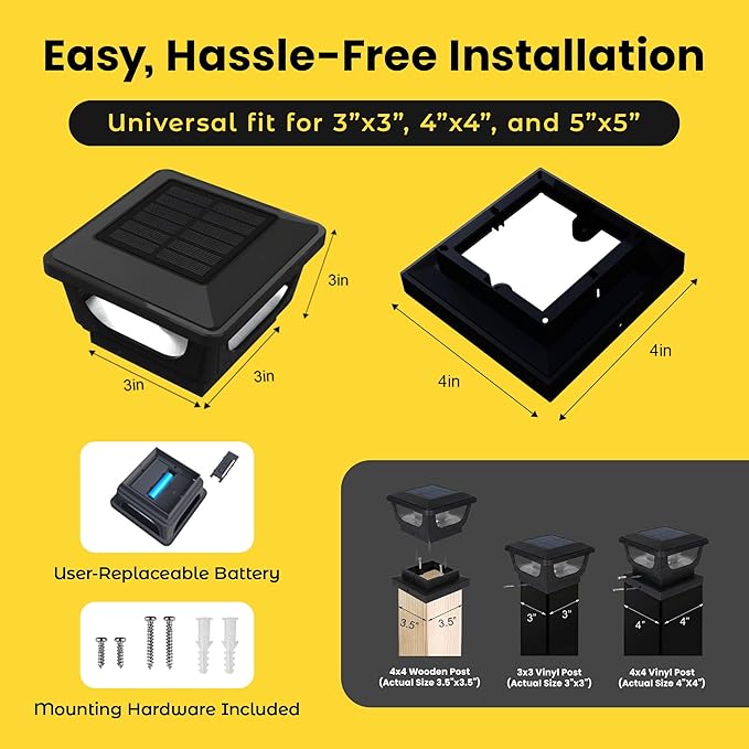 Brighticonic Solar Post Cap Lights Outdoor for 4x4, 3x3 – Auto On/Off Post Lights Solar Powered - Easy Install, IP65 Waterproof Deck & Fence Lights – Long Lasting Battery – 120 Lumen, CoolWhite - 4pck