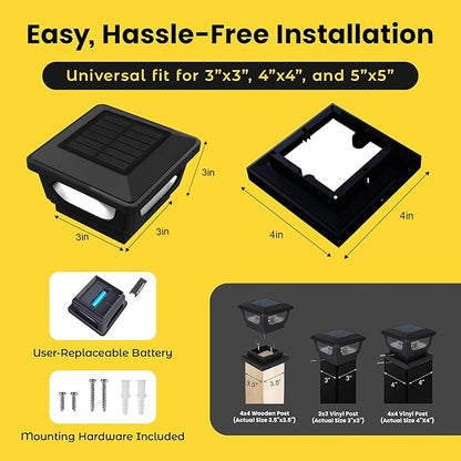 Brighticonic Solar Post Cap Lights Outdoor for 4x4, 3x3 – Auto On/Off Post Lights Solar Powered - Easy Install, IP65 Waterproof Deck & Fence Lights – Long Lasting Battery – 120 Lumen, CoolWhite - 2pck