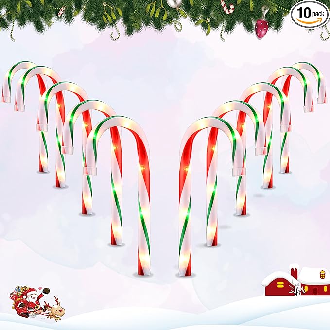 VCOKEN 10'' Christmas Candy Cane Lights Outdoor Pathway, Set of 10 Christmas Candy Cane Markers Waterproof, Light Up Xmas Decoration with Stakes for Holiday Party Yard Art Indoor Outdoor