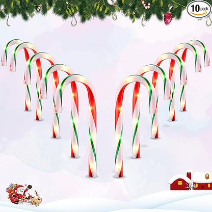 VCOKEN 10'' Christmas Candy Cane Lights Outdoor Pathway, Set of 10 Christmas Candy Cane Markers Waterproof, Light Up Xmas Decoration with Stakes for Holiday Party Yard Art Indoor Outdoor