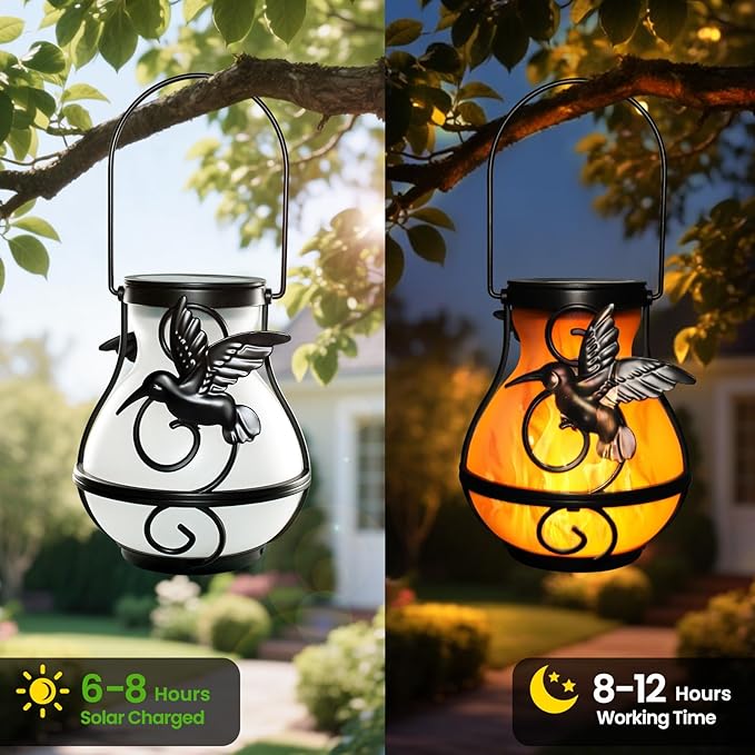 Solar Hummingbird Lanterns 2-Pack, Outdoor Hanging LED Decor