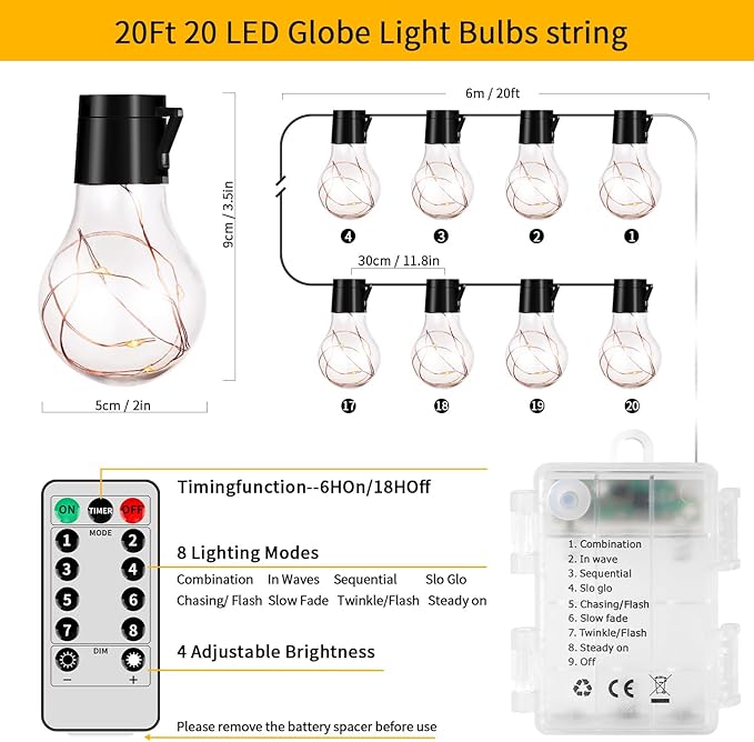 20 Hanging Bulb Battery Operated String Lights, 100 LED Vintage Battery Outdoor Lights for Patio, Waterproof Indoor Outdoor String Lights for Bedroom, Patio, Camping, Wedding, Party Decor