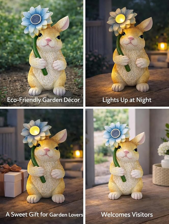 Solar Bunny Garden Statue with LED Flower – Hand-Painted Resin Rabbit Figurine, Outdoor Solar Light Decor for Yard, Patio, Porch, Lawn (Rabbit)