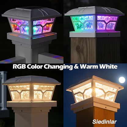 SIEDiNLAR Solar Post Cap Lights Outdoor 2 Color Modes LED for 4x4 5x5 6x6 Wooden Vinyl Posts Fence Patio Deck Decoration RGB Color Changing & Warm White Lighting White (6 Pack)
