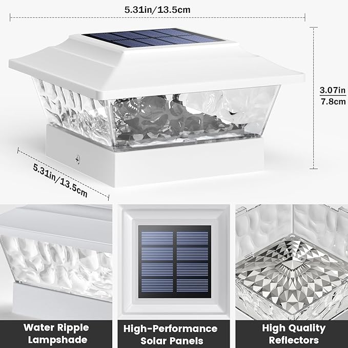 SIEDiNLAR Solar Post Lights Outdoor 12 LEDs 4 Modes Post Cap Light for 4x4 5x5 6x6 Vinyl Wooden Deck Fence Posts Garden Patio Decor, Warm/Cool White Dynamic Lighting (6 Pack, White)