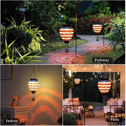 Flag Hot Air Balloon Solar Lantern, Mosica Glass Hanging Solar Lanterns Outdoor Waterproof for Garden, Yard, Patio Decor