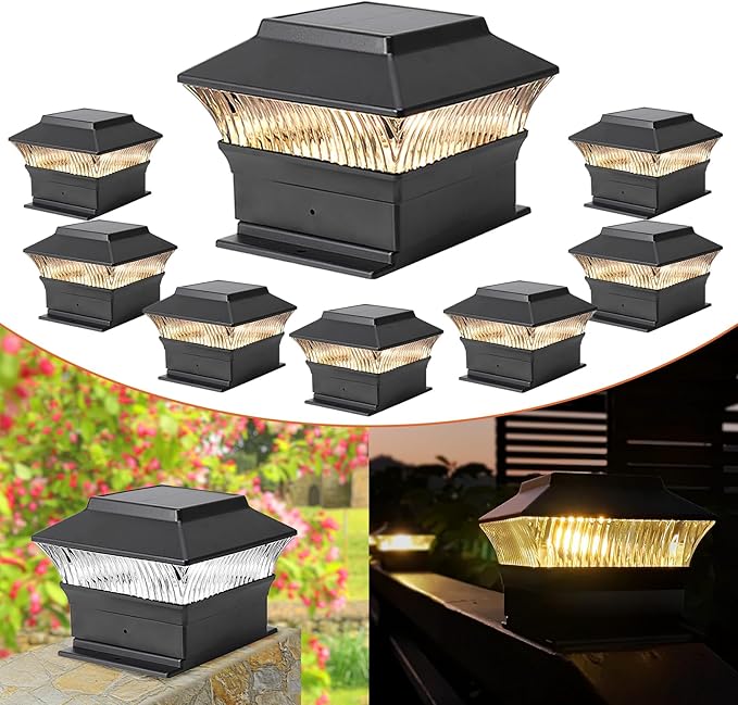 8 Pack Solar Post Cap Lights - Classic #1: for Flat Surfaces & 4x4 Vinyl, Also Fits 4x6 Wood (Sits-On-Top), 25 Lumen 3000K Warm White, Outdoor Deck Fence Light, Waterproof, Matte Black