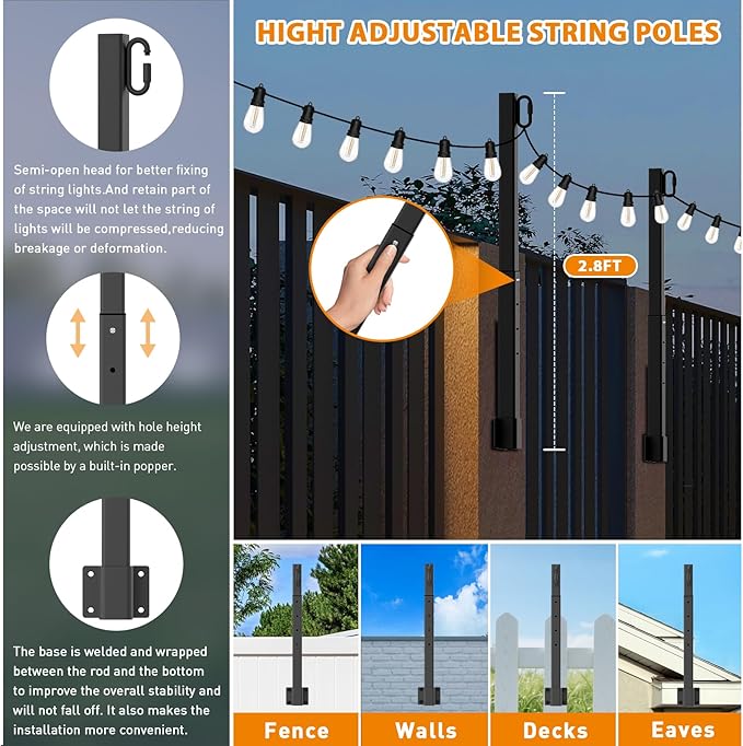 zoegi 4 Pack 2.8FT String Light Poles,Light Poles for Outside Lights with Fork,Outdoor Brackets Hanging Lights,Metal Stand for Deck Patio,Backyard,Wedding,Deck,Party