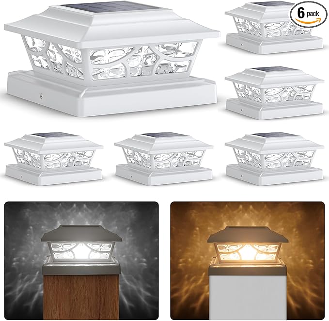 SIEDiNLAR Solar Post Lights Outdoor 4 Modes Deck Fence Post Cap Light for 4x4 5x5 6x6 Vinyl Wooden Posts Patio Garden Decor, Warm White & Cool White Dynamic Lighting White (6 Pack)