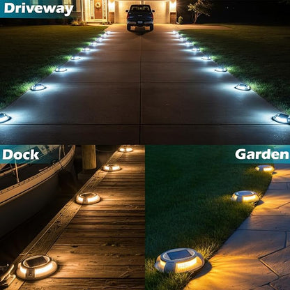 SIEDiNLAR Solar Driveway Lights Outdoor 4 Modes 40 LEDs Deck Driveway Markers Marine Dock Light Waterproof for Garden Ground Walkway Pathway Step Yard, White/Warm Dynamic Lighting (1 Pack)