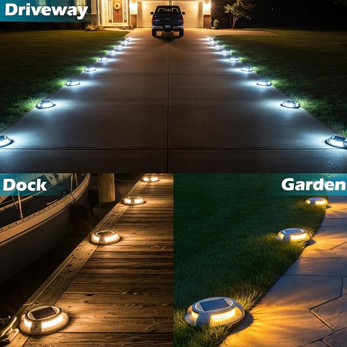 SIEDiNLAR Solar Driveway Lights Outdoor 4 Modes 40 LEDs Dock Driveway Markers Deck Light Waterproof for Step Ground Walkway Pathway Yard Garden, White/Warm Dynamic Lighting (12 Pack)