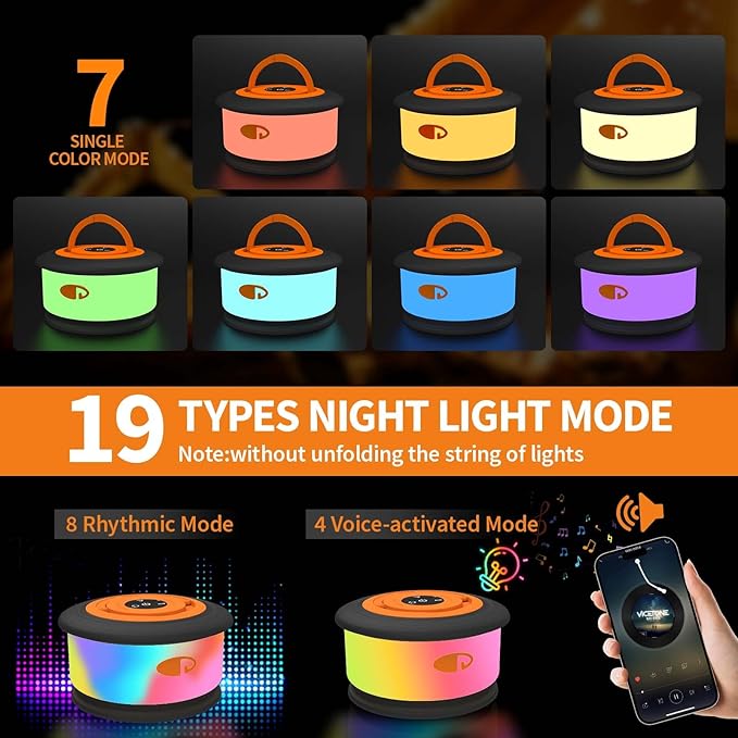 Camping String Lights, 3 in 1 Upgraded Retractable RGB Outdoor String Lights with 19 Lighting Modes,Quick 30s Recovery, 32.8 FT Portable Tent Lights, Rechargeable Camping Lantern (Black&Orange)