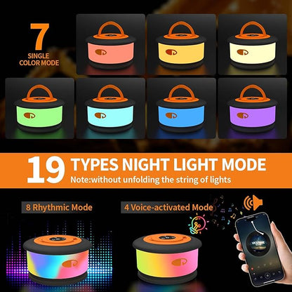 Camping String Lights, 3 in 1 Upgraded Retractable RGB Outdoor String Lights with 19 Lighting Modes,Quick 30s Recovery, 32.8 FT Portable Tent Lights, Rechargeable Camping Lantern (Black&Orange)