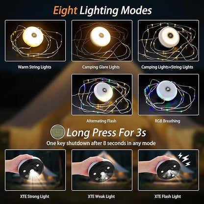 Camping String Lights, 4 in 1 Portable Camping Light Rechargeable, 8 Lighting Modes, USB Charging, Quick Storage, 32.8FT Waterproof Tent Lights String for Camping, Hiking, Yard, Christmas, Black