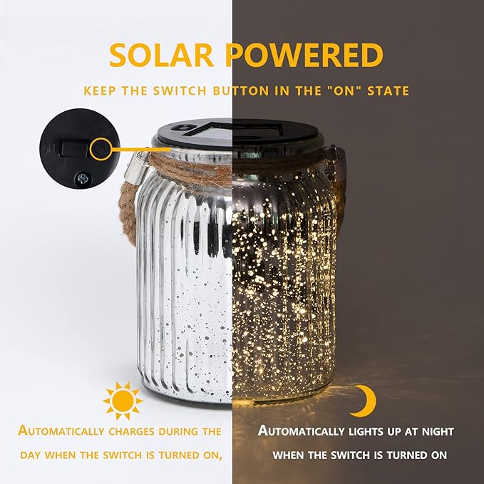 Hanging Solar Lantern Outdoor,Solar Lights Mercury Mason Jar Glass Hanging Lights with 20 LED Waterproof for Tree, Table, Yard, Garden, Patio, Holiday Party Outdoor Decor,2 Pack