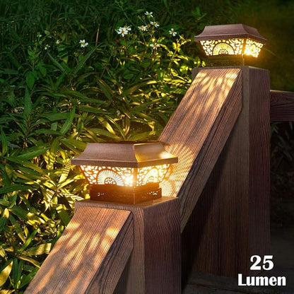 DenicMic Solar Post Lights 2 Pack Post Cap Solar Lights Outdoor Waterproof Metal 25 Lumen Warm White LED Lighting for 3.5x3.5 4x4 5x5 Wooden Fence Posts Deck Rail Yard Patio (Copper)