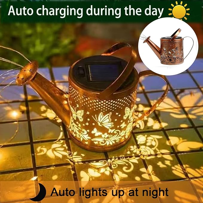 Solar Watering Can Lights,LED Solar Lantern String Light Outdoor Garden Waterproof Hollowed-Out Retro Metal Water Can Lights,for Garden Patio Yard Pathway Lantern Plant Decoration (Butterfly)