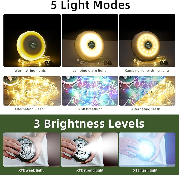 Allspark Camping String Lights Rechargeable, 4 in 1 Quick Storage 32.8FT Outdoor Lights with 8 Lighting Modes,Portable LED Fairy Lights for Decor Tent Garden Party Camping Essentials,with 10 Clips