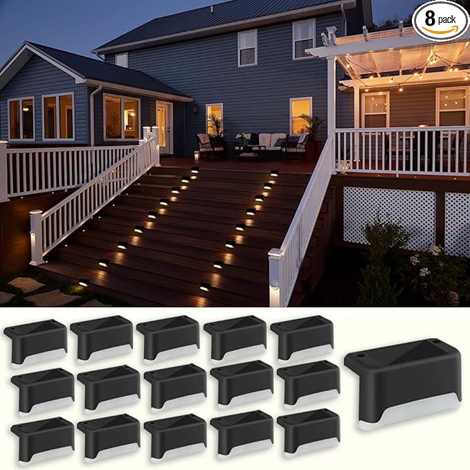 Solar Deck Lights - 16 PCs Outdoor, Waterproof, Garden Decorative Solar Step Lights for Patio, Porch, Stairs, Yard, Driveway, Pathway (Cool White, 16-Pack)