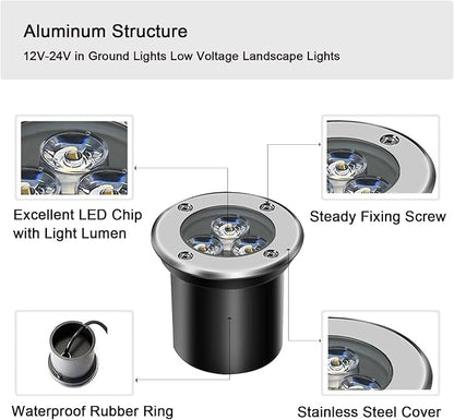 Low Voltage In-ground Lights LED Well Light Landscape Light with Connectors 3W 12V 24V Waterproof IP67 Pathway Lights Outdoor spotlights Trees Flags for Garden,Yard,Tree (Cool White)