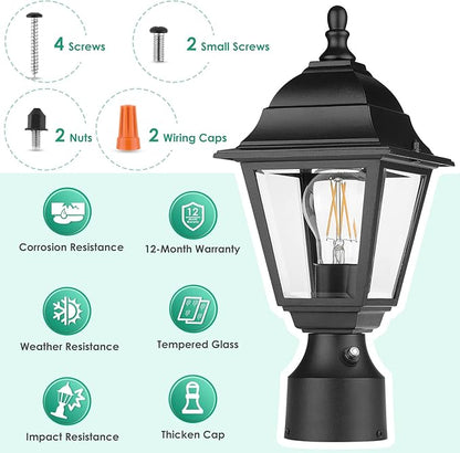 FOLKSMATE Dusk to Dawn Outdoor Post Lights, 2-Pack Waterproof Outside Post Lamps with Pier Mount, Exterior Pole Lantern with Clear Glass, Matte Black Light Fixture for Patio, Garden, Walkway