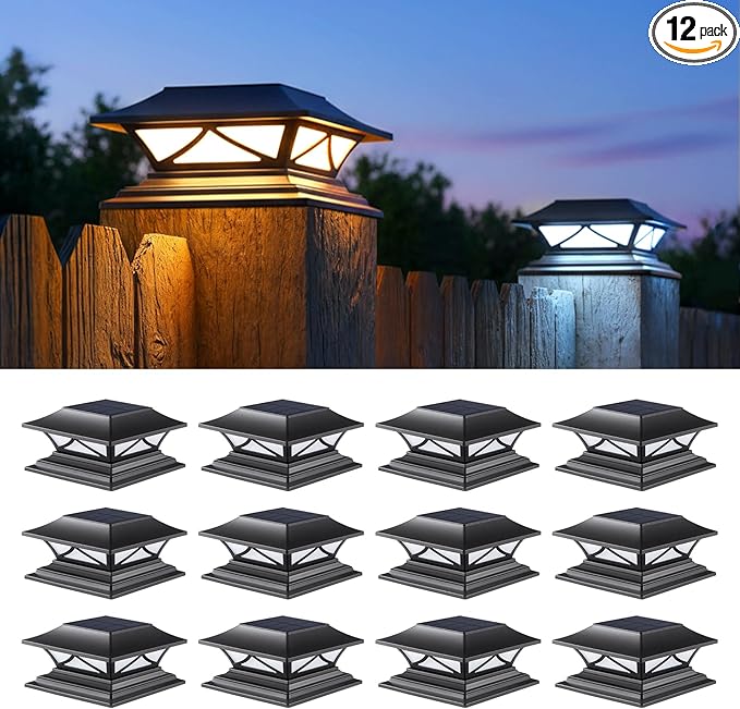 Solar Post Cap Lights 12-Pack, Waterproof LED