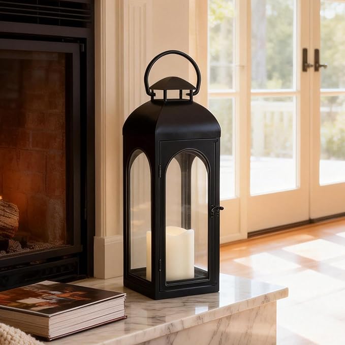 Decorative Candle Lanterns Outdoor Large 15.5“ Battery Powered Hanging Lanterns with Flameless Candle for Front Porch, Entrance, Indoor, Black, 1 Pack