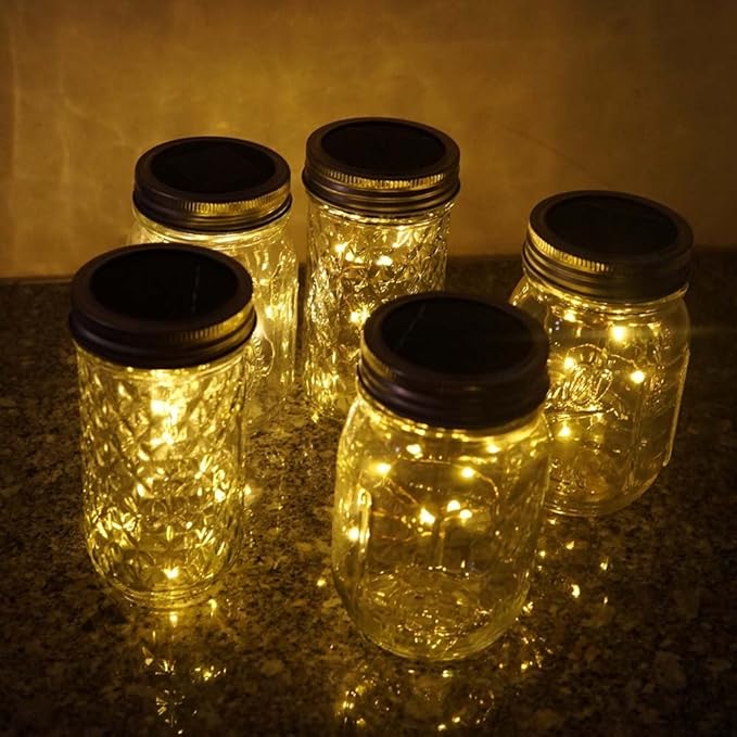 Miaro 6 Pack Mason Jar Lights, 10 LED Solar Warm White Fairy String Lights Lids Insert for Garden Deck Patio Party Wedding Christmas Decorative Lighting Fit for Regular Mouth Jars