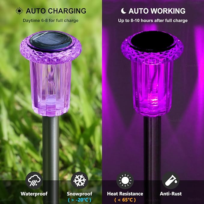 DenicMic Solar Lights Outdoor 10 Pack Waterproof Purple LED Stainless Steel Stake Outside Lights for Yard Pathway Garden Driveway Walkway Landscape Path Lighting Halloween Decorations Outdoor