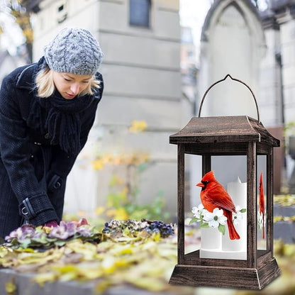 Solar Lanterns Outdoor Hanging Lanterns, Metal with Glass Cardinal Solar Lights, Waterproof Decorative Lantern Garden Decor for Outside Table Patio Yard, Memorial Gifts Grave Decorations for Cemetery