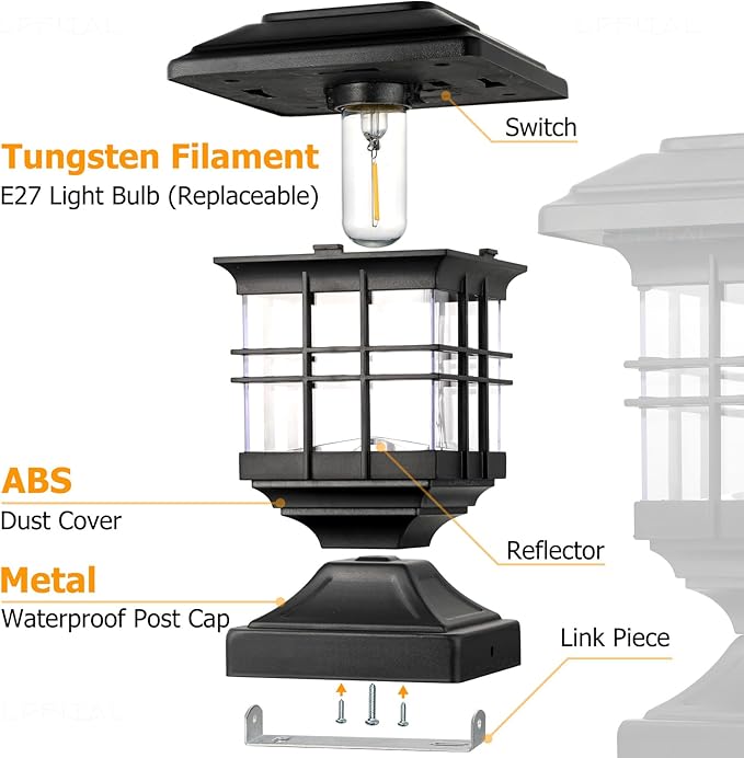 Solar Post Lights Outdoor Solar Cap Lights Deck Fence Cap for 4x4 5x5 6x6 Posts Patio Garden Courtyard Decoration Fixture Waterproof Warm White Lighting Black (2)