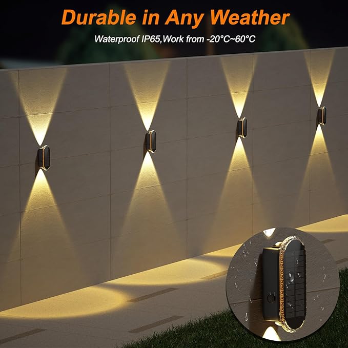 Ellasay 8 Pack Fence Lights Solar Powered, Up and Down Focus LED Solar Wall Lights Outdoor, IP67 Waterproof Solar Lights for Outside Patio, Backyard,Porch,Railing,3 Color Modes