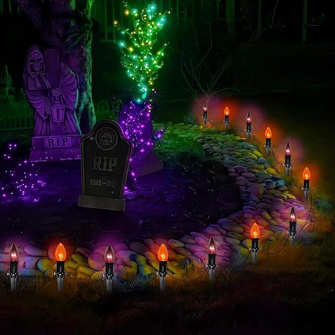 C9 Halloween Pathway Lights Outdoor, 19.5Ft Halloween Decorations Pathway String Lights with 10 C9 Orange and Black Stakes Lights for Walkway Yard Lawn Garden Sidewalk