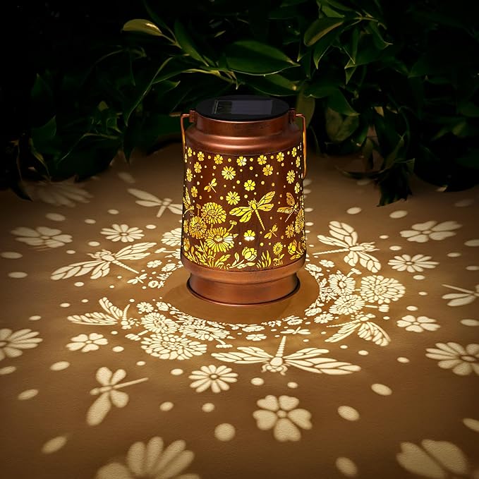 2 Pack Dragonfly Solar Lanterns Outdoor Waterproof Daisy Garden Decor Birthday Gifts for Women Mom Grandma Hanging Solar Lights Metal Lantern Decoration Outside for Porch,Patio,Yard,Backyard
