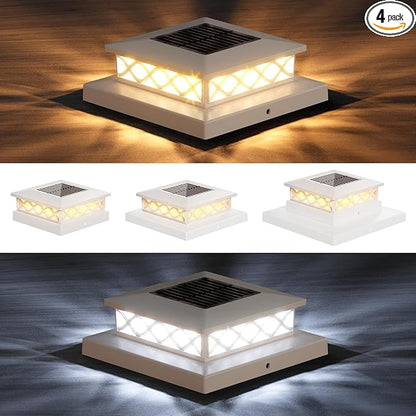 4 Packs Solar Post Cap Lights for Fence and Deck – Auto On/Off Outdoor Lighting, 2 Color Modes with 16 LEDs, Fits 4x4 5x5 6x6 Posts (White)