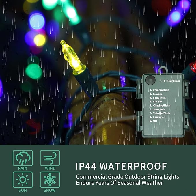 LAMPHOME Christmas Lights 2 Pack 18 Feet 50 LED Multicolor Mini String Light with 8 Modes Waterproof Tree for Xmas Outdoor Holiday Party Garden Decor, Multicolor