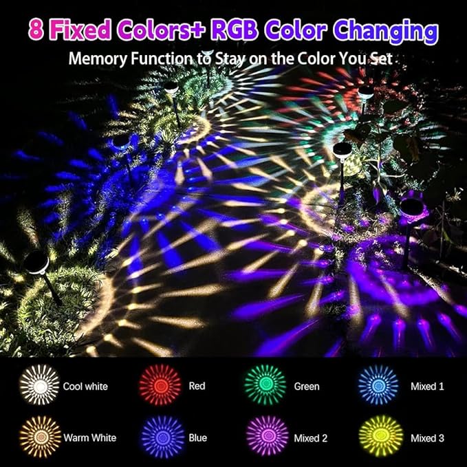 8Pack Solar Pathway Lights Outdoor, Color Changing+8 Fixed Color (Warm White, Cool White, Colored) Solar Lights Outdoor, Bright Solar Powered Garden Light