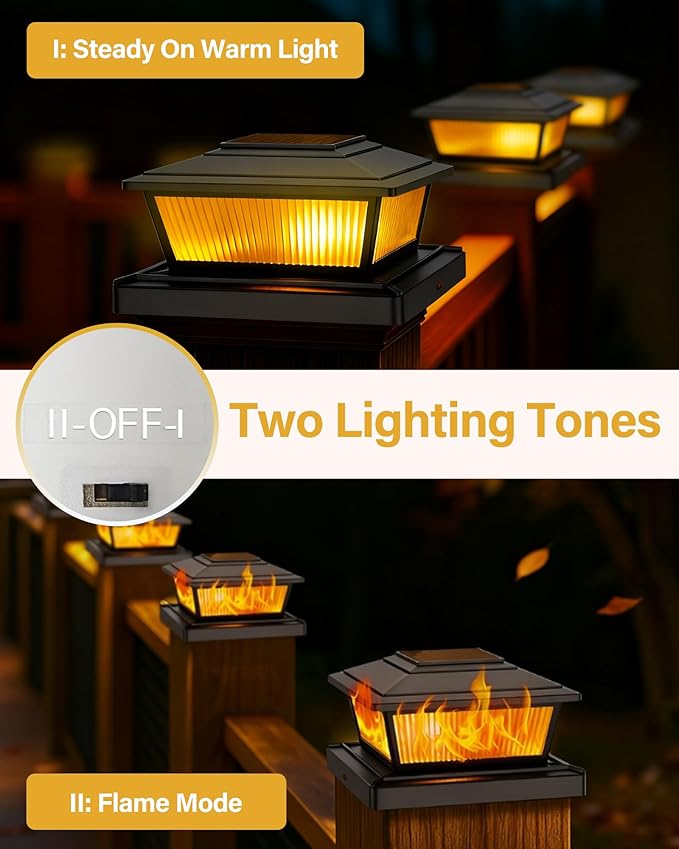 Solar Post Cap Lights Outdoor for 4x4 5x5 6x6 Wood/Vinyl Posts, 8 Pack Fence Post Solar Lights with Flickering Flame & Warm Modes for Deck/Garden/Patio, IP65 Waterproof - Black