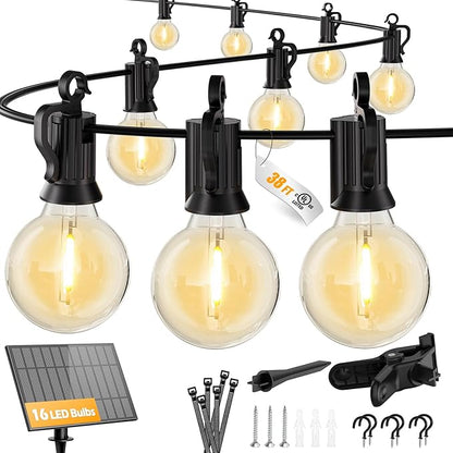 Brightown 38ft Solar String Lights, 16 Shatterproof LED Bulbs with USB Charging, Outdoor Patio & Cafe Lights