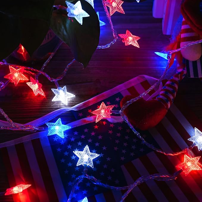 4th of July Decor Lights, Red White Blue Lights Battery Operated 100LED Patriotic Star String Lights 51FT 8Mode Waterproof for Indoor Outdoor 4th of July Independence Day Memorial Day Decor
