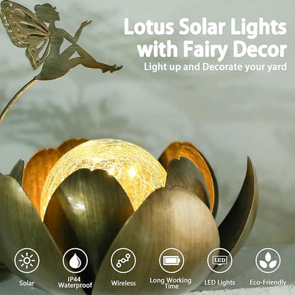 MUMTOP Fairy Garden Solar Lights Outdoor Decor, Waterproof Lotus Solar Outdoor Lanterns Fairy Glass Crackle Globe Lotus Flower Tabletop Lamp for for Patio Pathway Yard Garden Decor