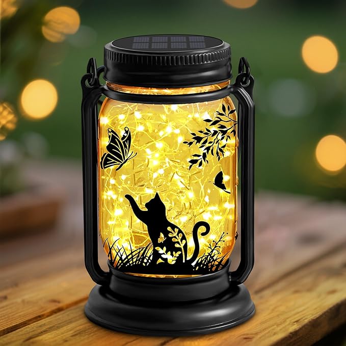 Cat Lover Gifts for Mom, Grandma,Women Mothers Day Birthday, Cat Solar Lanterns Butterfly Vintage Glass Hanging Mason Jar, Waterproof Fairy Garden Lights for Patio Yard Lawn Tree Decor