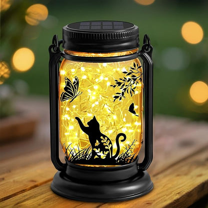 Cat Lover Gifts for Mom, Grandma,Women Mothers Day Birthday, Cat Solar Lanterns Butterfly Vintage Glass Hanging Mason Jar, Waterproof Fairy Garden Lights for Patio Yard Lawn Tree Decor