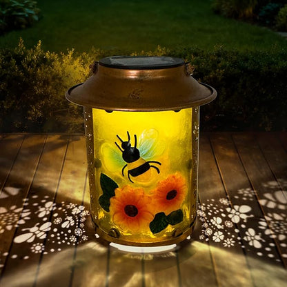 10" H Bee Solar Lanterns Outdoor, Metal Glass Hanging Solar Lanterns with Hollow Out Retro Bee Lights, Decorative for Garden Yard Patio Pathway Tabletop Gifts