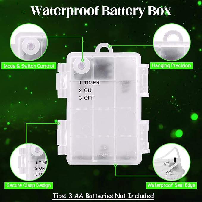 String Lights Outdoor Waterproof 9.8ft 30 LED, Green Battery Operated Halloween Lights with Timer Clear Wire for Indoor & Outdoor Christmas Halloween St.Patric Decorations Garland Party Garden
