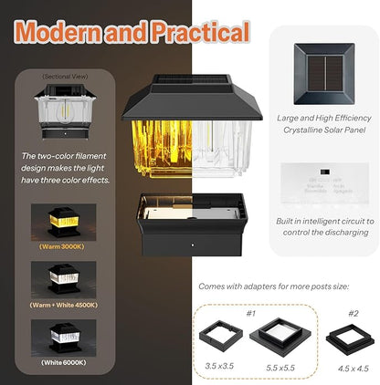 Single Solar Post Cap Light - Modern #2: Fits True 4x4 Vinyl & 5x5 Wood Posts, 3 Color Temp, 50 Lumen, Waterproof Outdoor Lights for Deck Fence, Matte Black