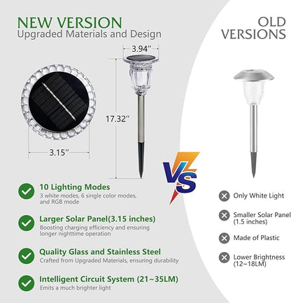 Solar Pathway Lights Outdoor 6 Pack, 10 Modes RGB Color Changing & White Solar Garden Lights, 17.5" IP65 Waterproof Glass Stainless Steel Solar Powered Landscape Lights for Yard Walkway Driveway Patio
